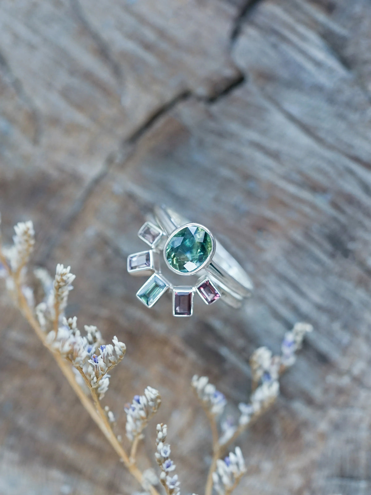 Green Oval and Baguette Sapphire Ring in Silver