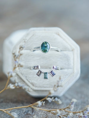 Green Oval and Baguette Sapphire Ring in Sterling Silver