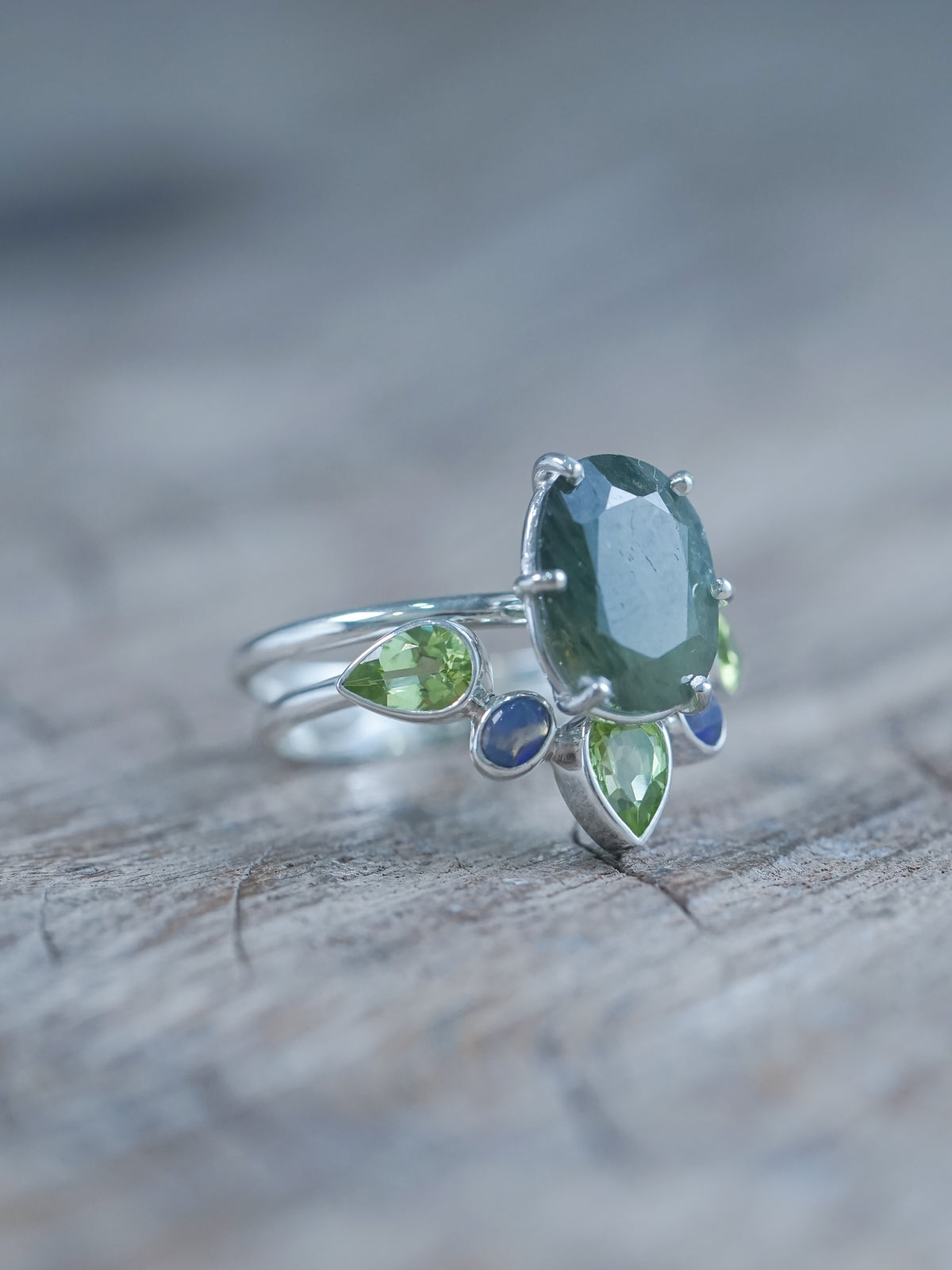 Green Sapphire, Peridot, and Opal Ring Set in recycled sterling silver