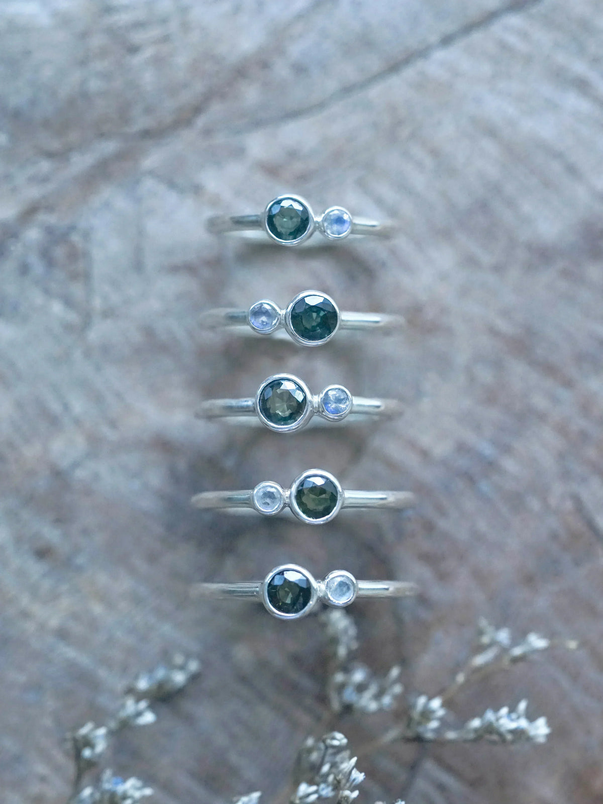 Green Sapphire and Rainbow Moonstone Eco Friendly Rings
