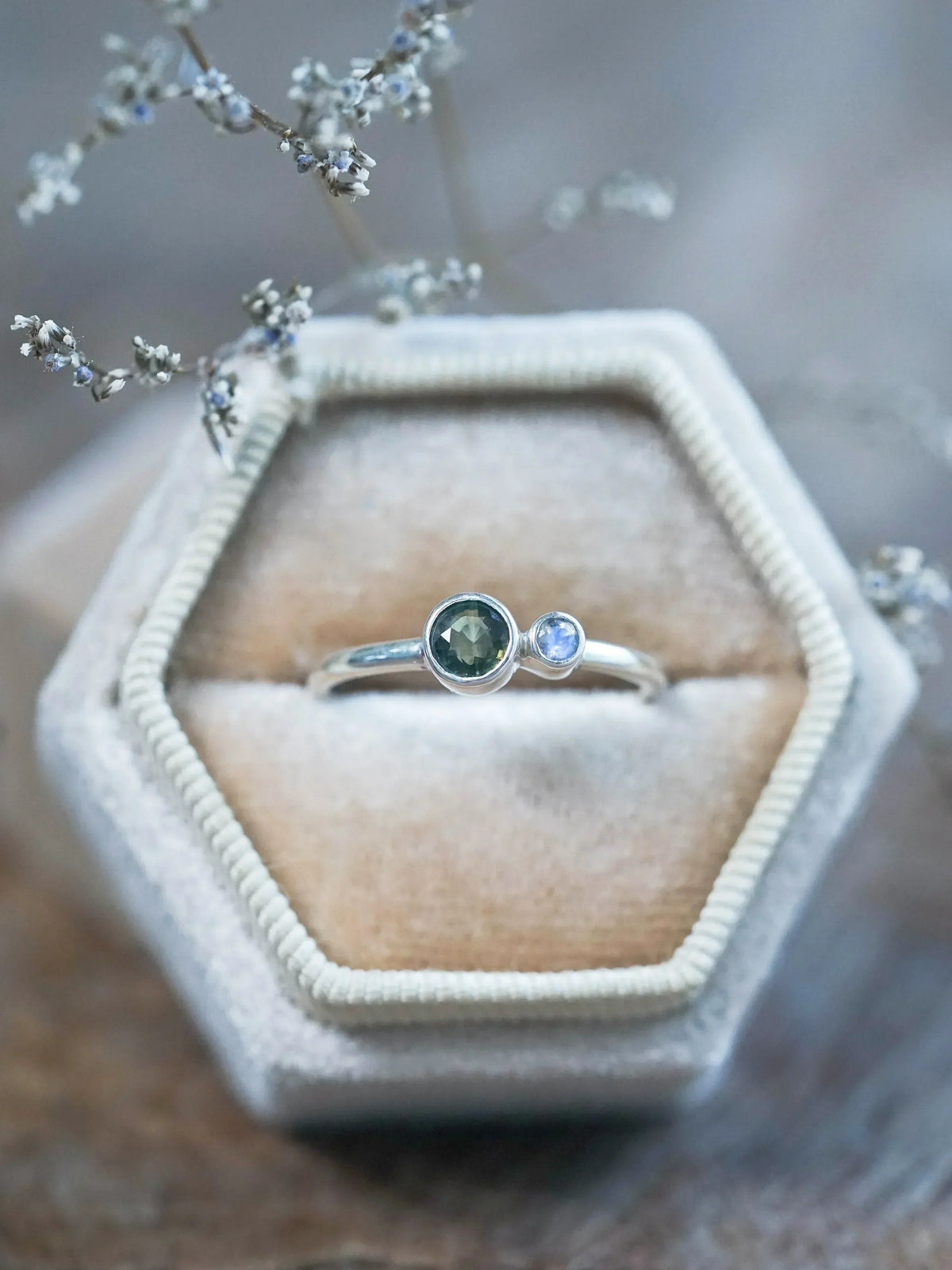 Green Sapphire and Rainbow Moonstone Engagement Ring