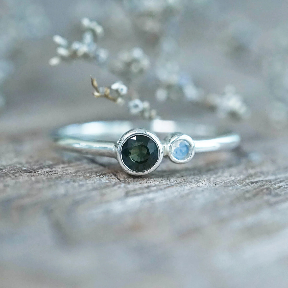 Green Sapphire and Rainbow Moonstone Ring