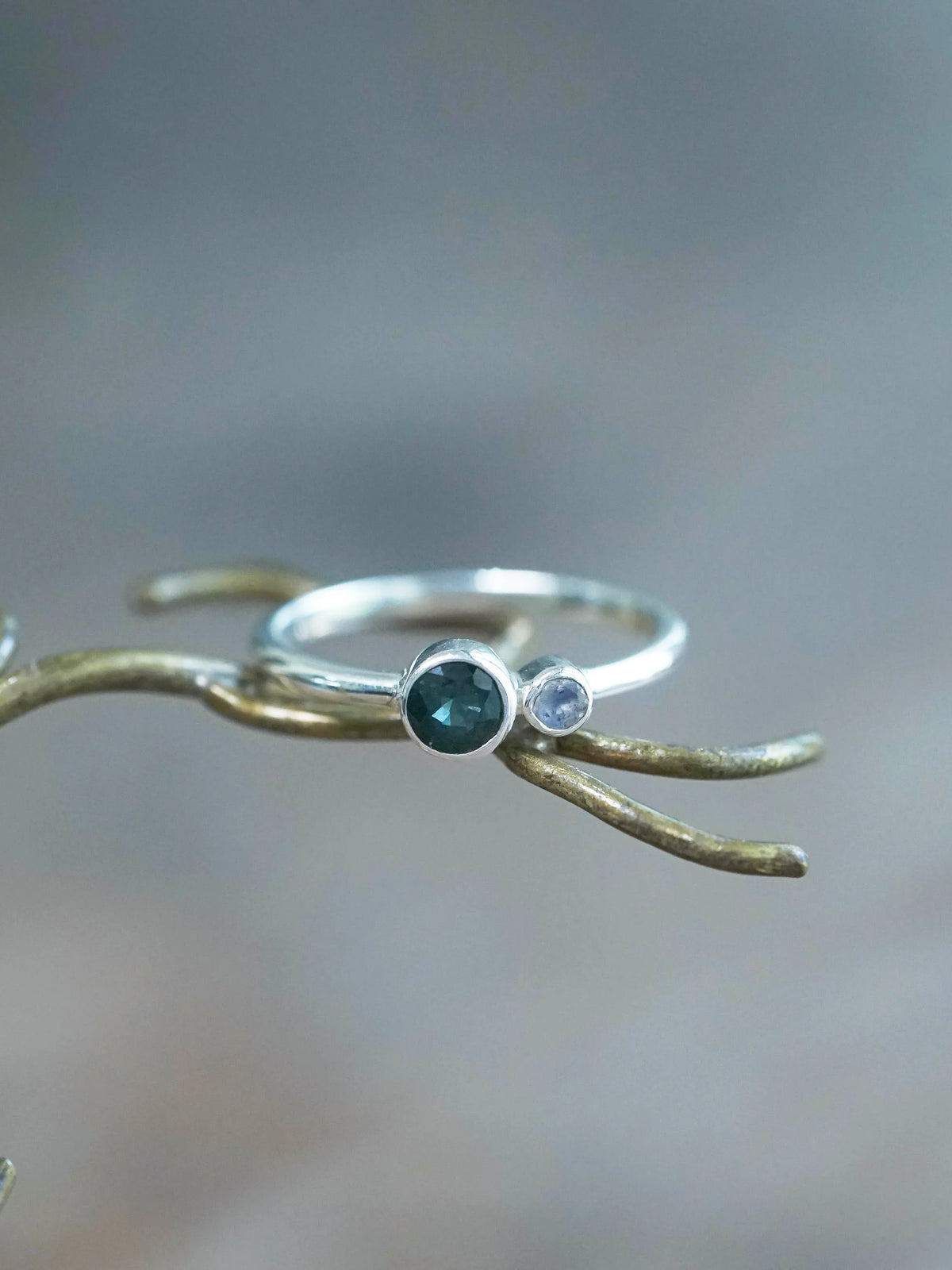 Green Sapphire and Rainbow Moonstone Ring in Silver