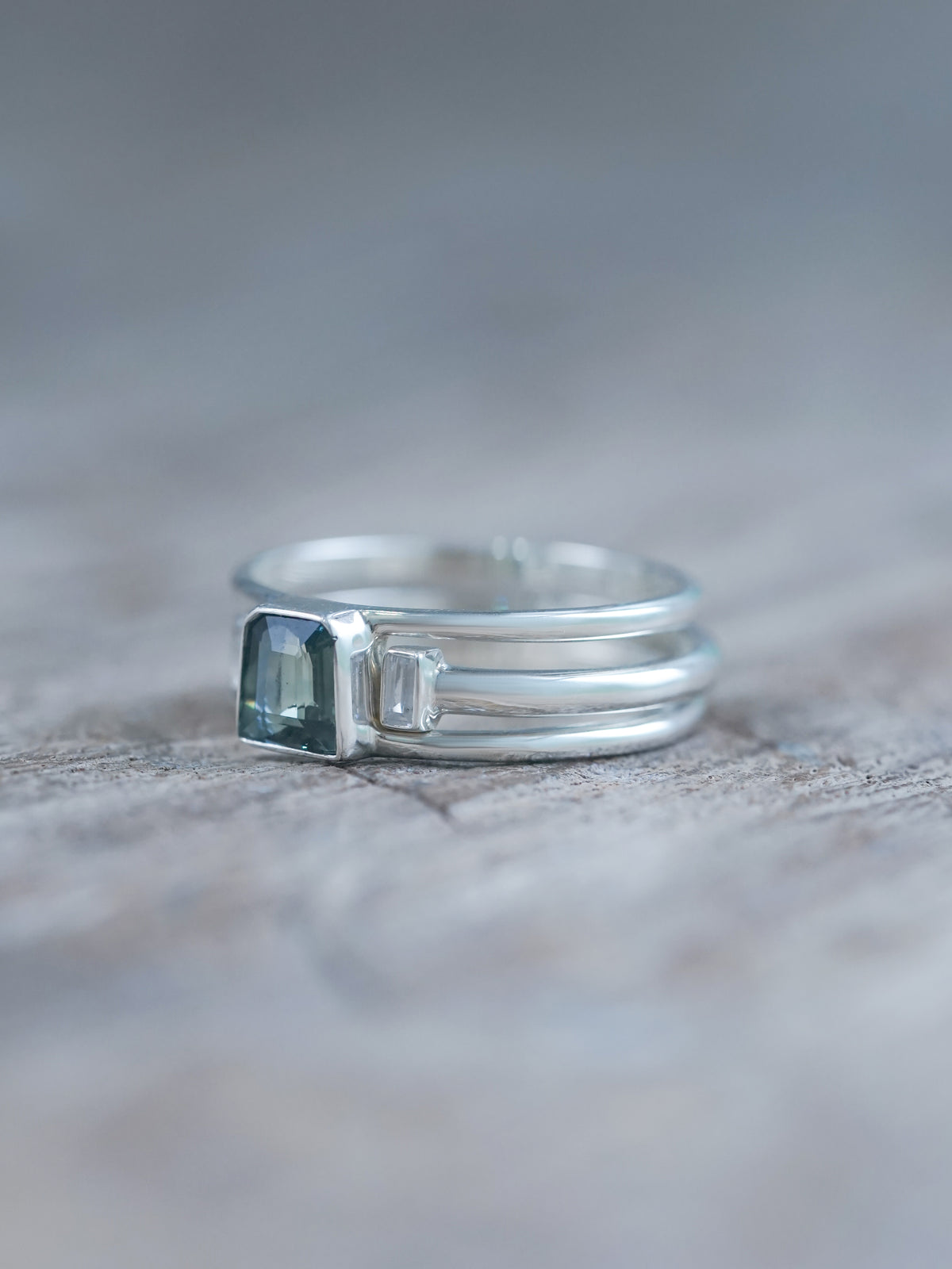 Green Sapphire and Zircon Ring Set - recycled sterling silver | US size ring 8