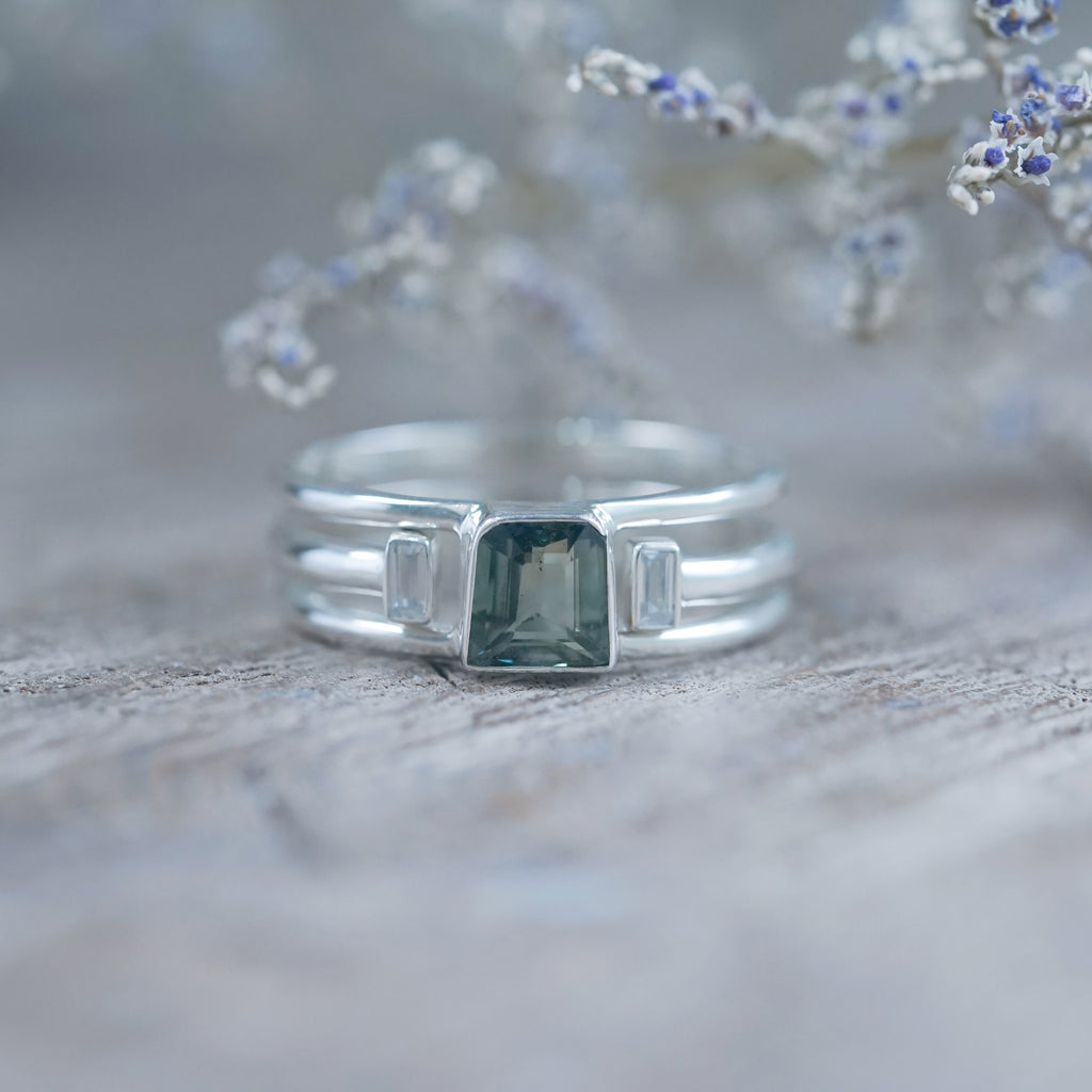 Green Sapphire and Zircon Ring Set