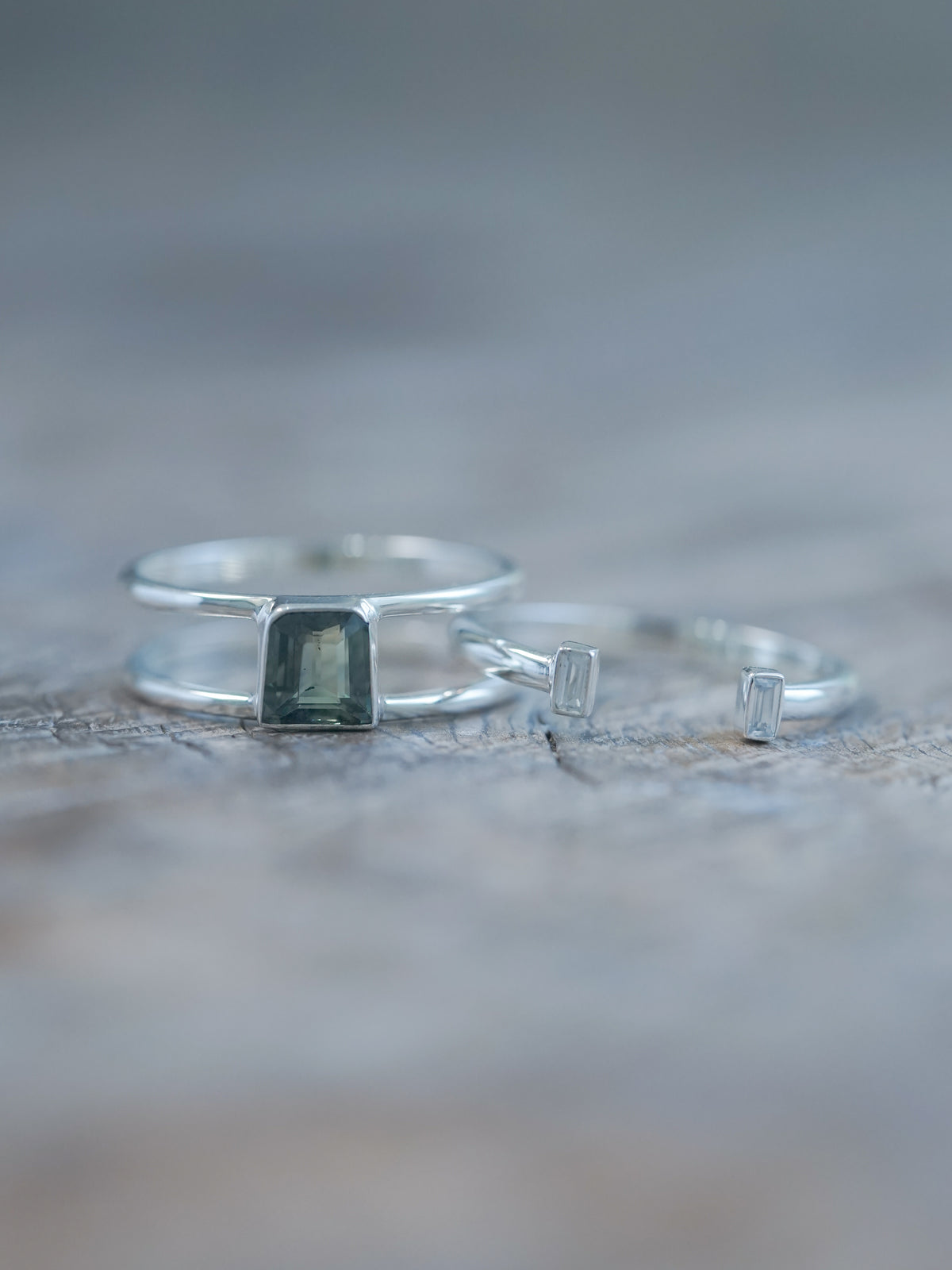 Green Sapphire and Zircon Ring Set in recycled sterling silver