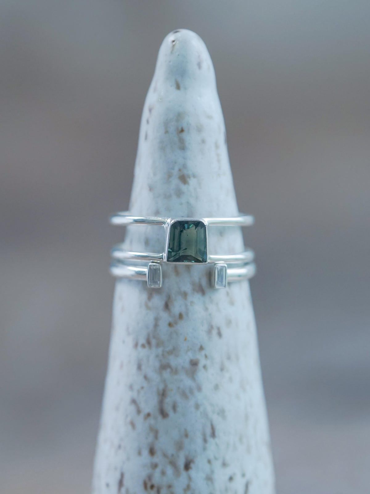 Green Sapphire and Zircon Ring Set in recycled sterling silver | US size 8