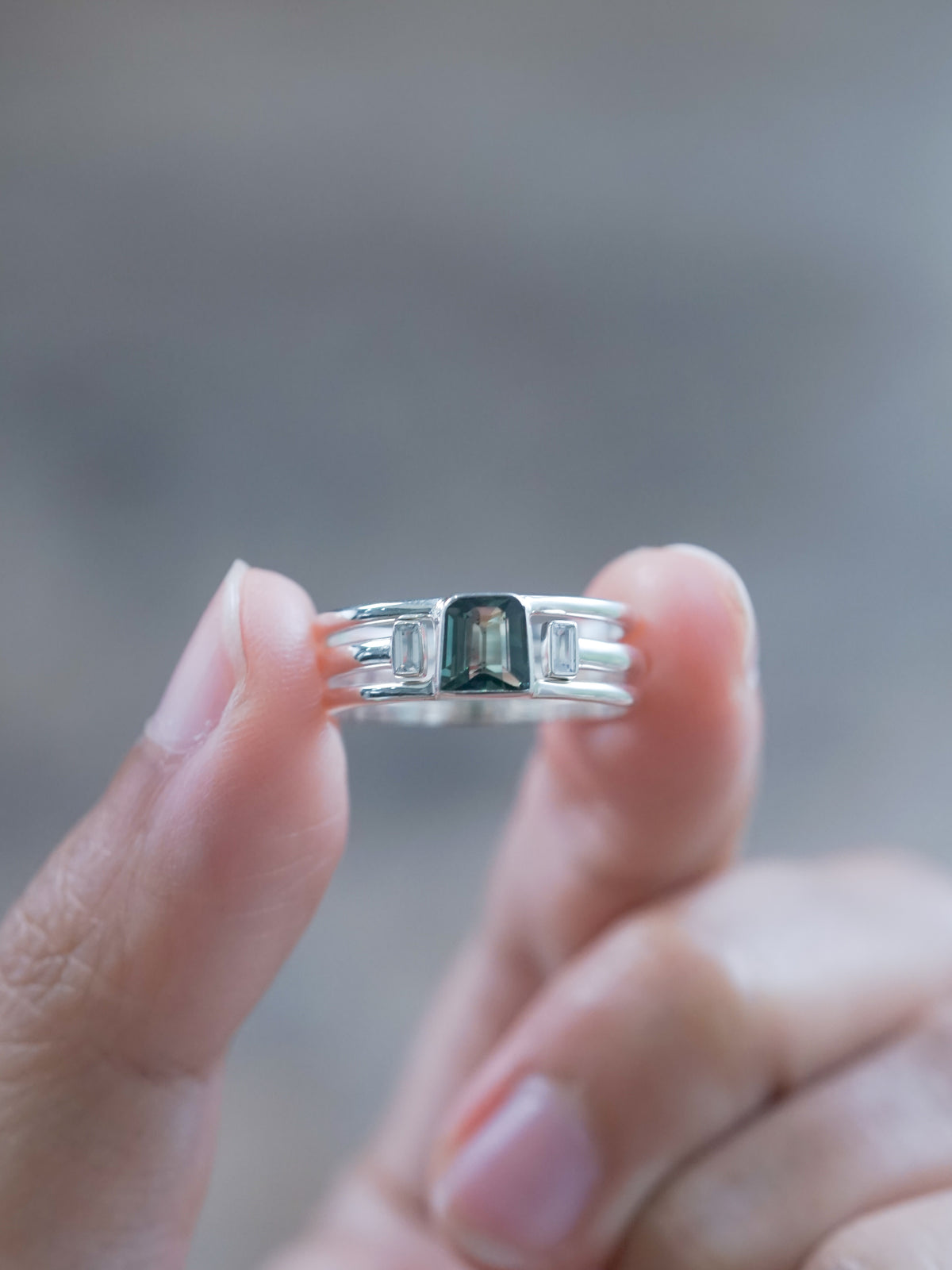 Green Sapphire and Zircon Ring Set | recycled sterling silver