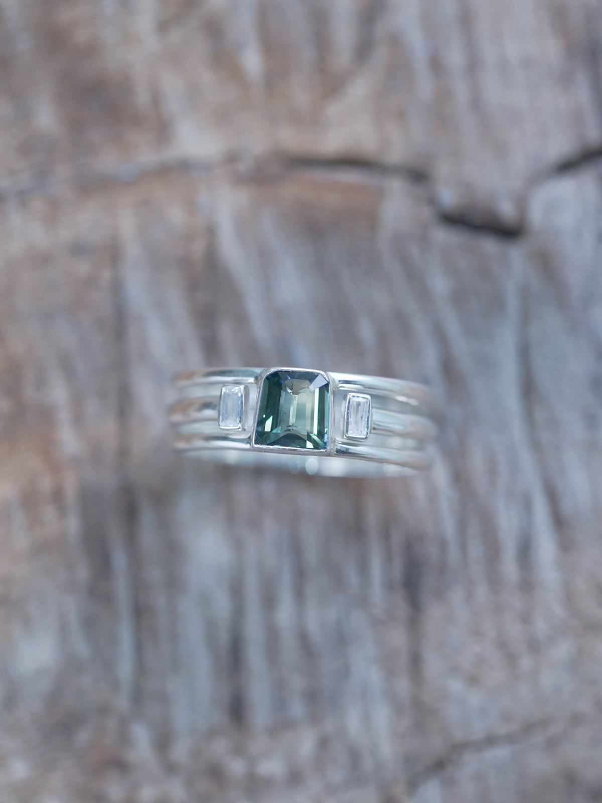 Green Sapphire and Zircon Ring Set using recycled sterling silver | in US size