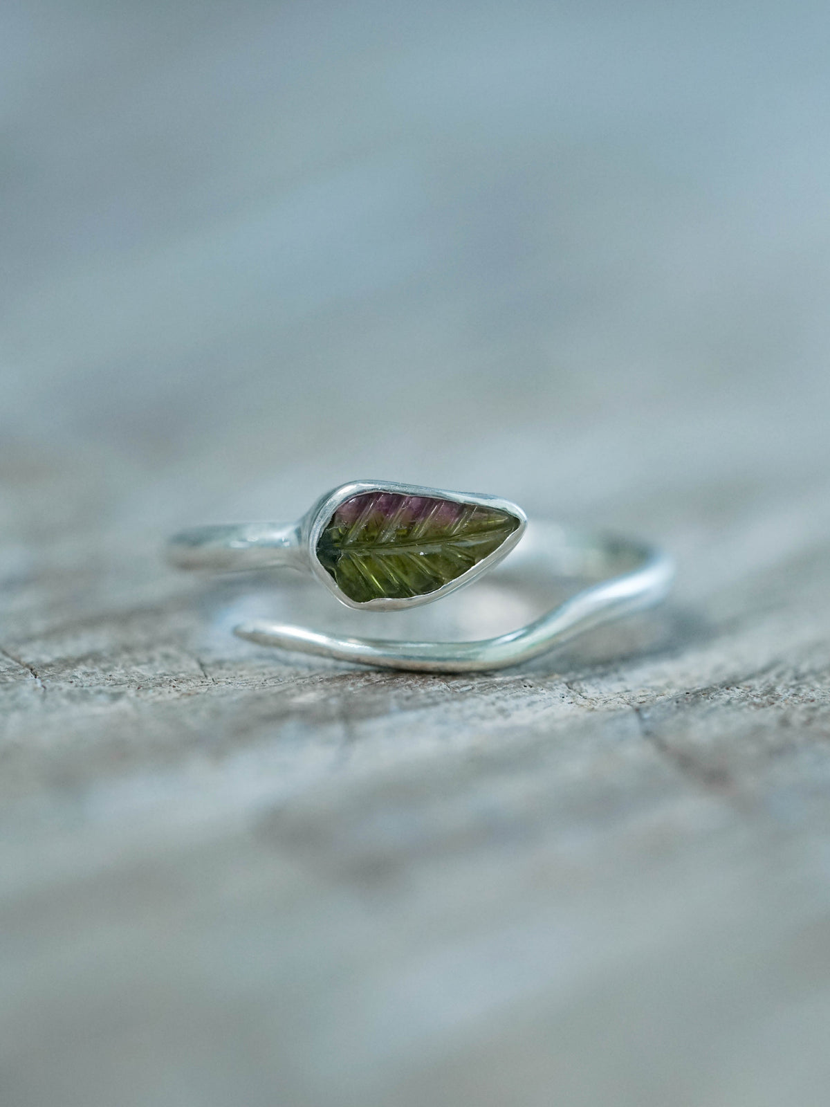 Green Tourmaline Leaf Ring in recycled sterling silver