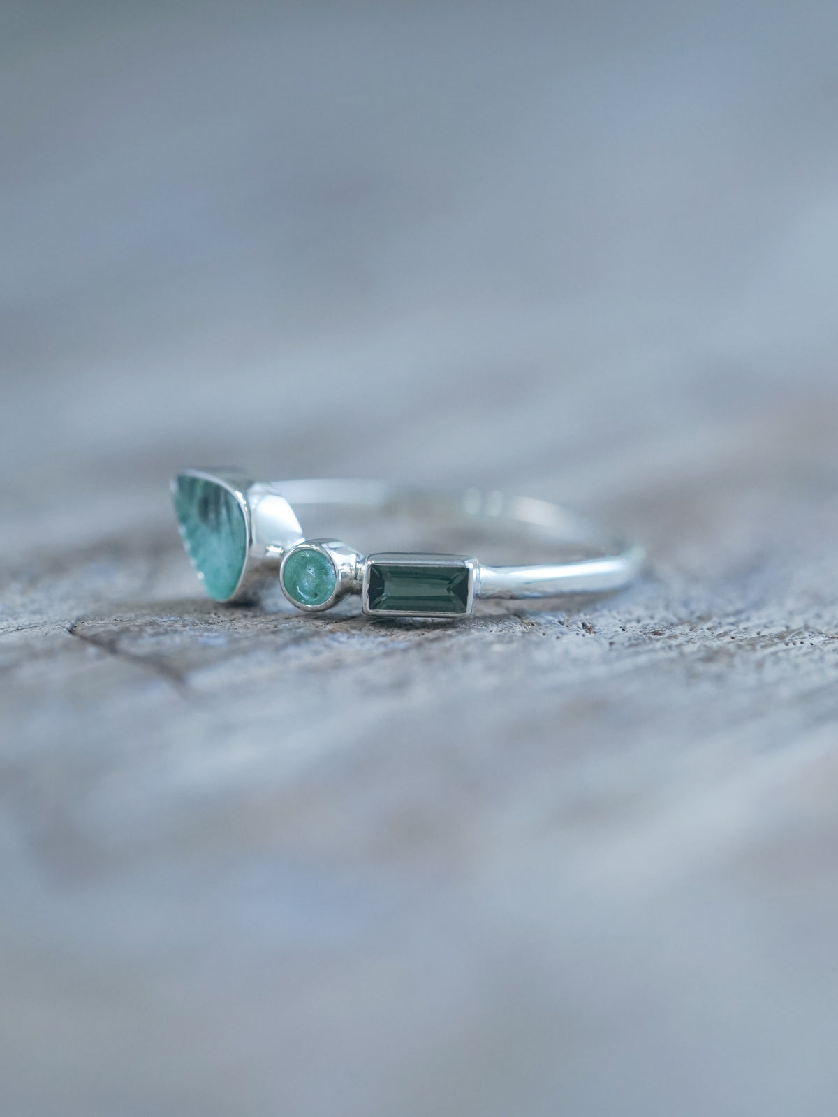 Green Tourmaline and Emerald Leaf Ring in recycled sterling silver