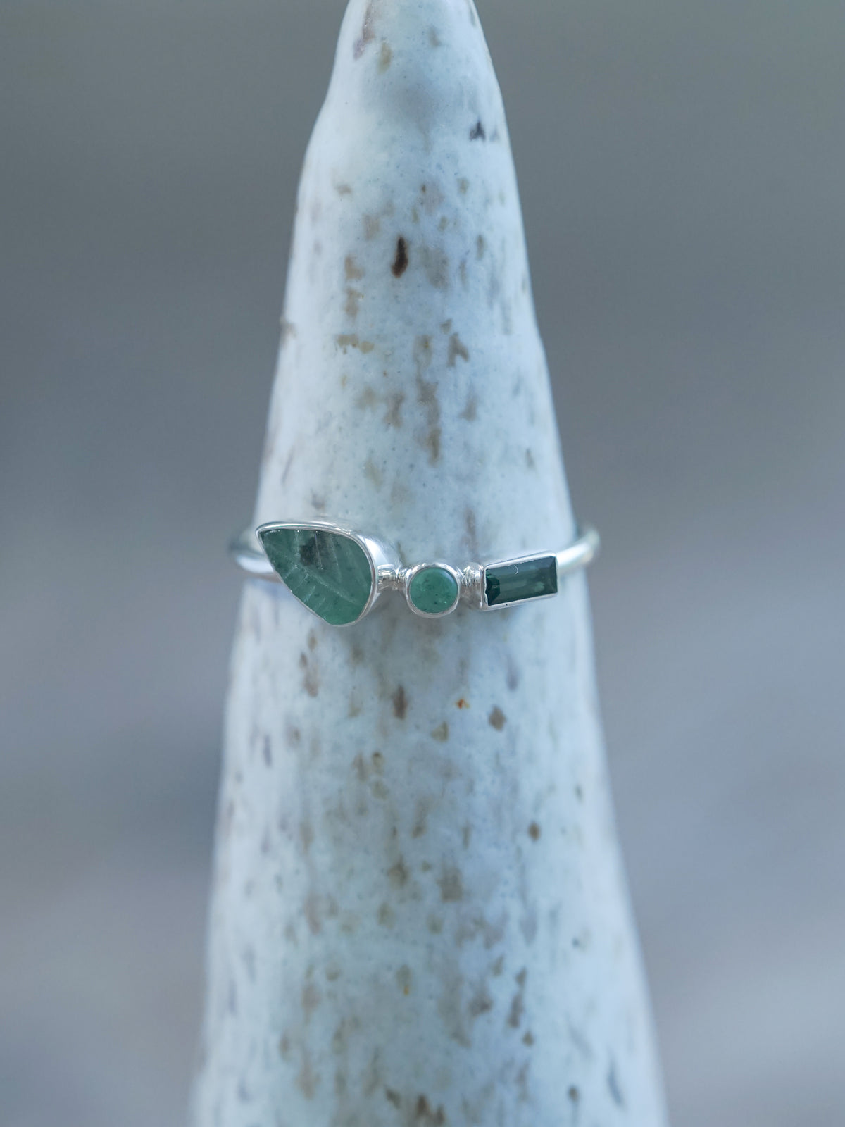 Green Tourmaline and Emerald Leaf Ring in sterling silver