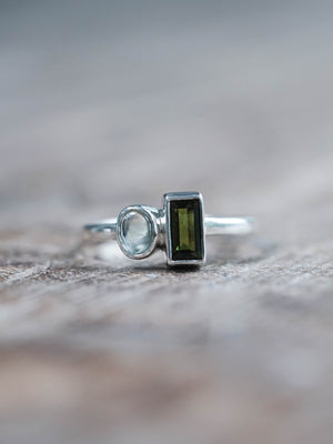 Green Tourmaline and Prehnite Ring in Silver