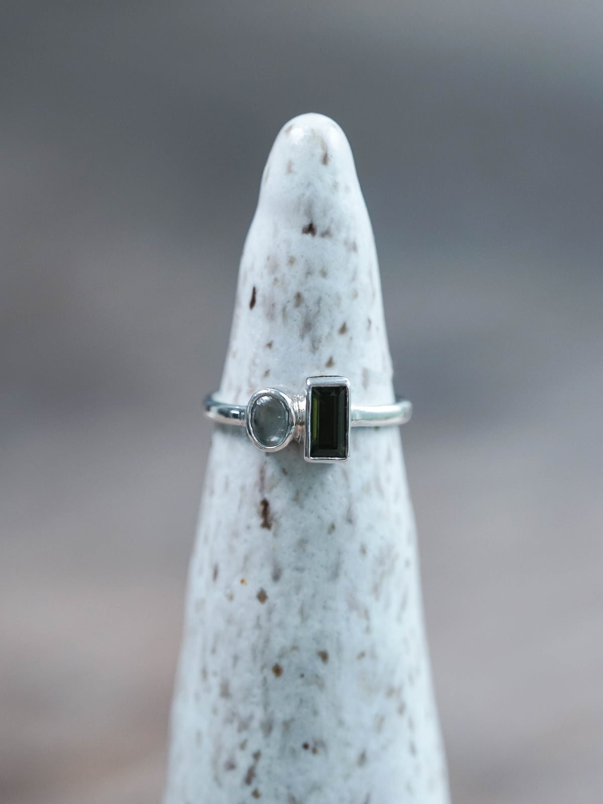 Green Tourmaline and Prehnite Ring in Sterling Silver