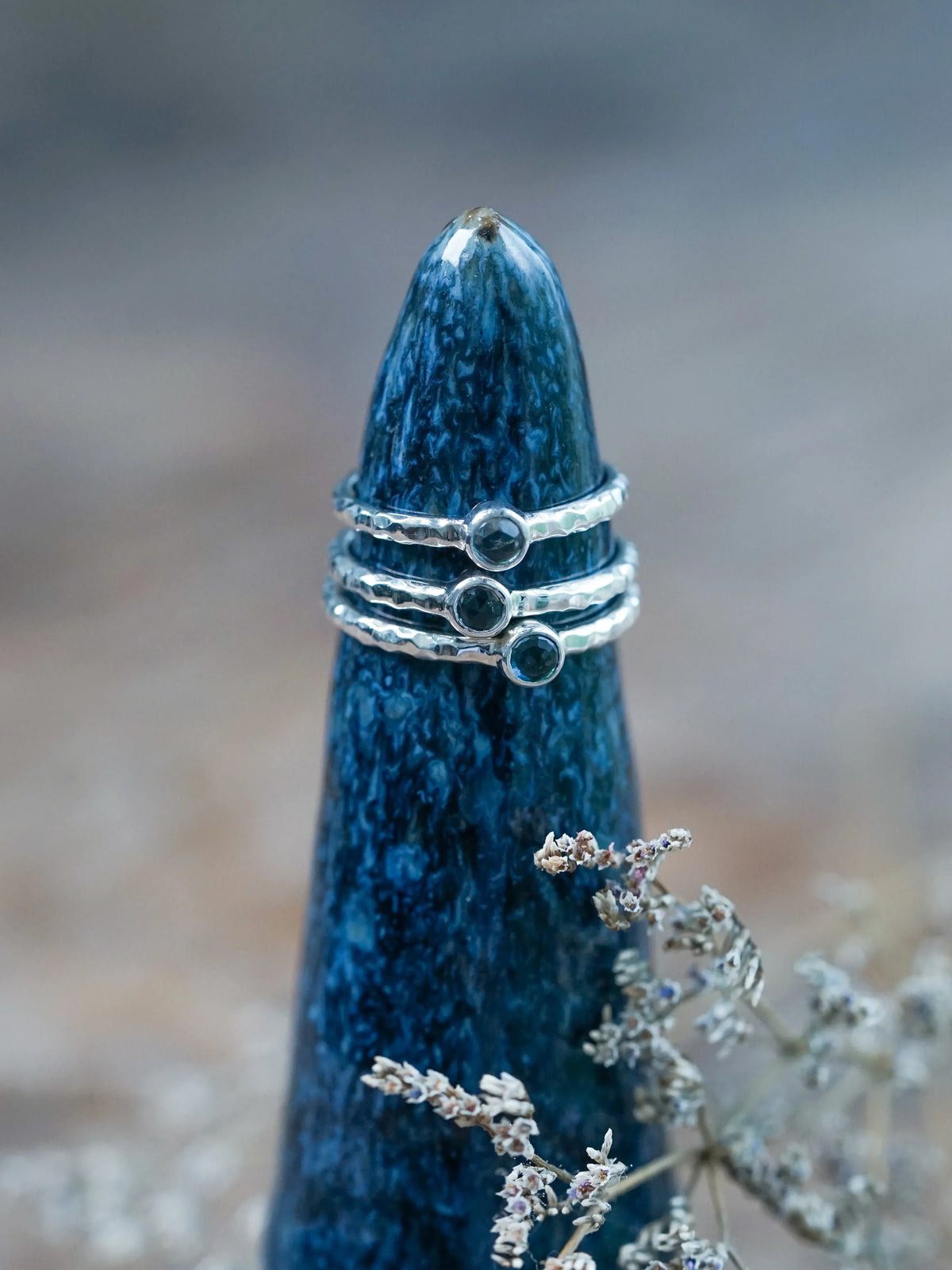 Hammered Blue Sapphire Rings in Sterling Silver