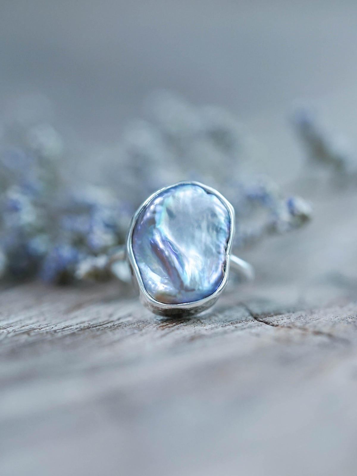 Hammered Keshi Pearl Ring in recycled sterling silver