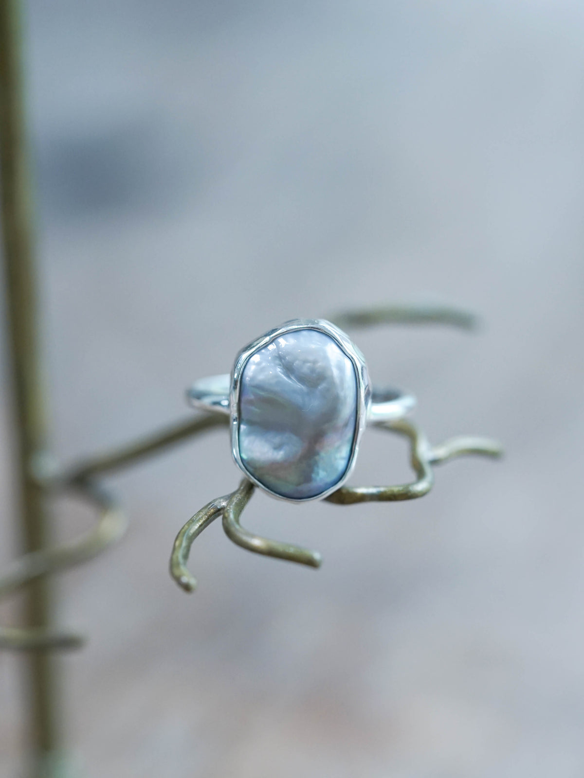 Hammered Keshi Pearl Ring in sterling silver