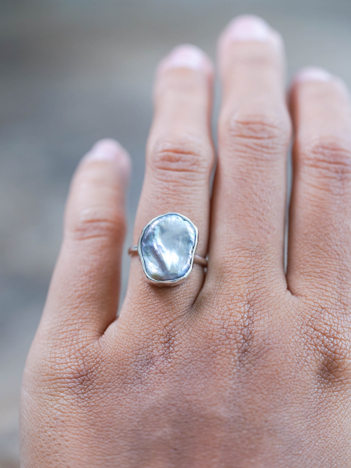 Hammered Pearl Ring in sterling silver
