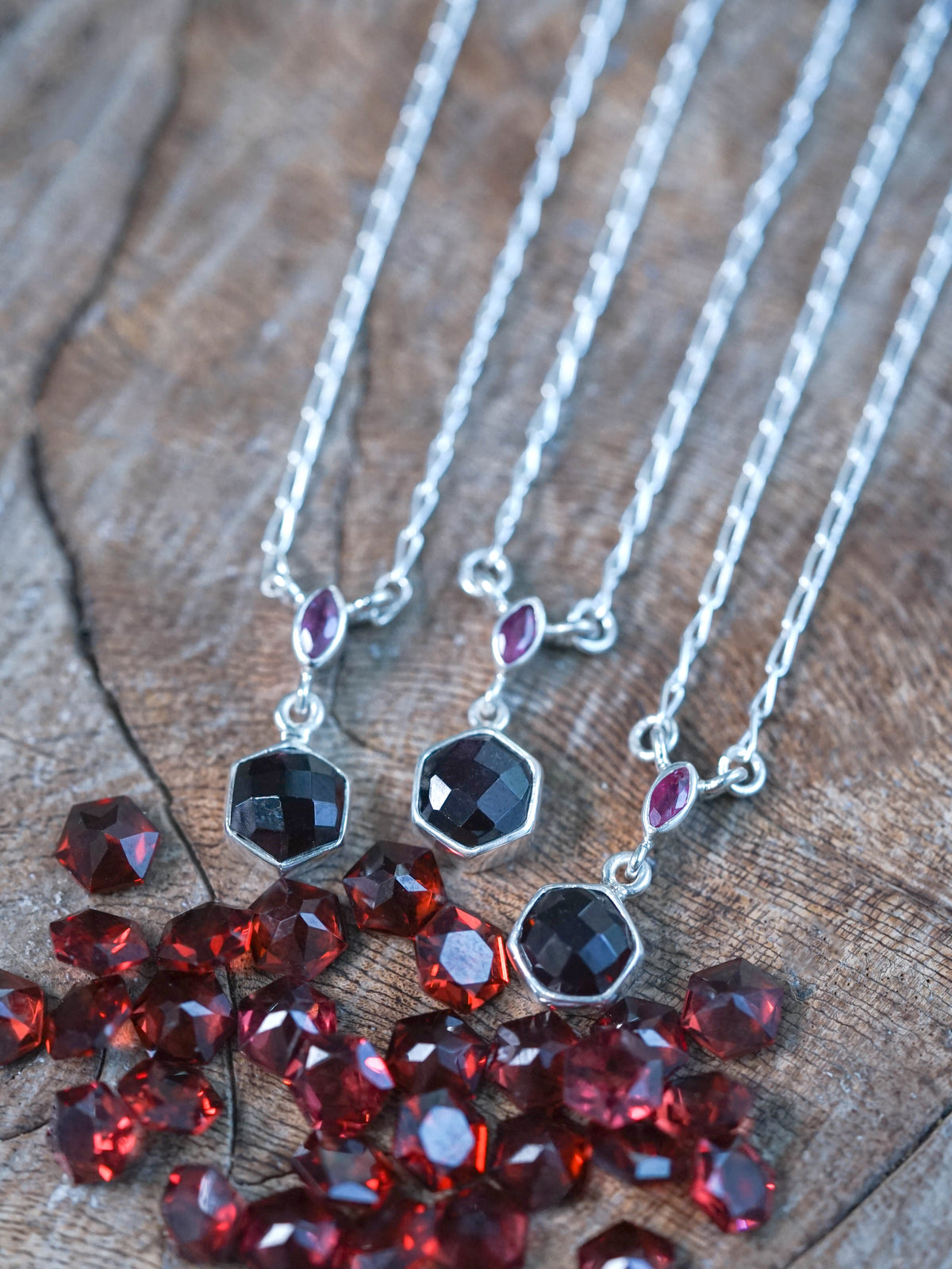 Hexagon Garnet and Ruby Necklace