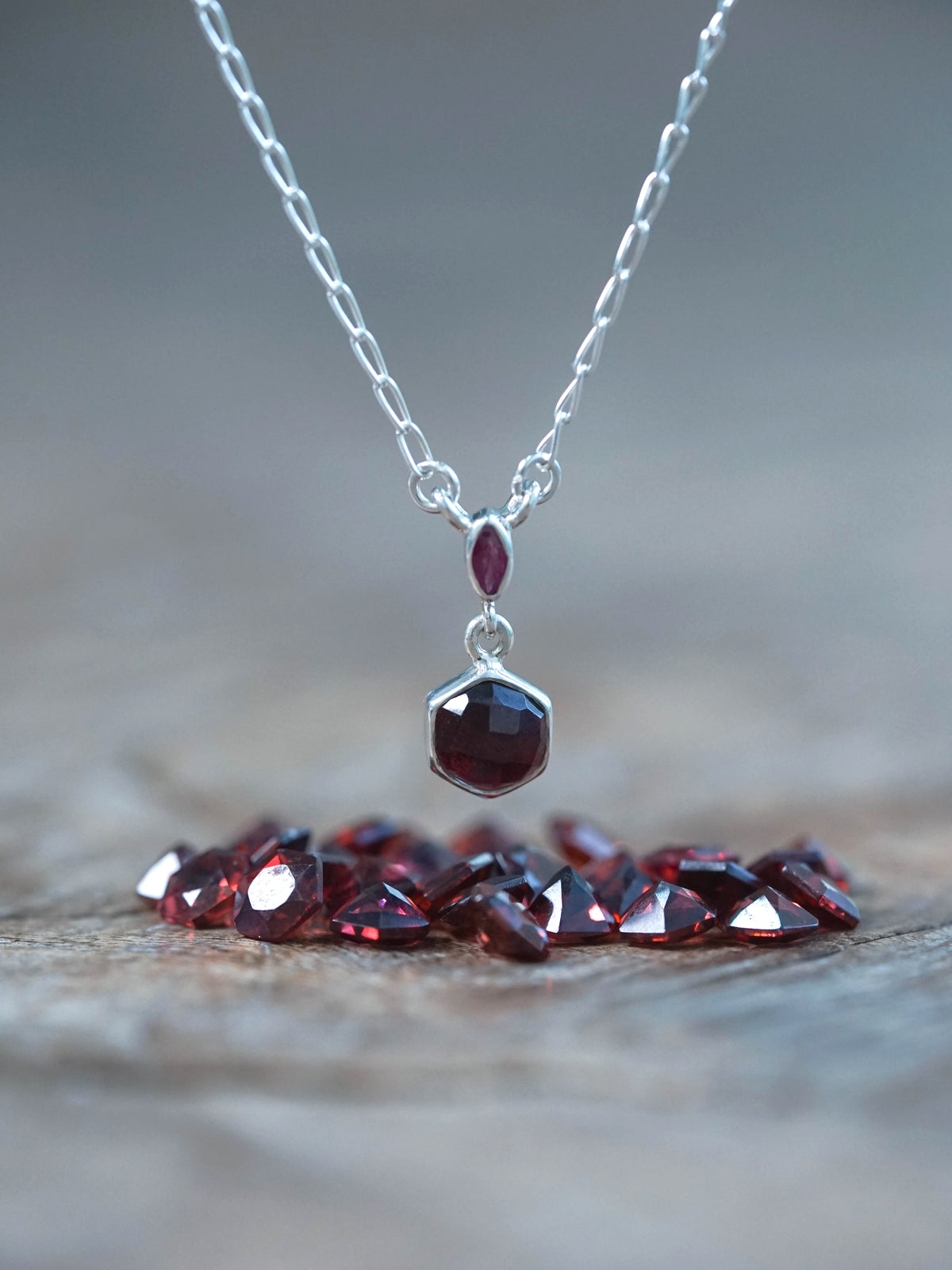 Hexagon Garnet and Ruby Necklace