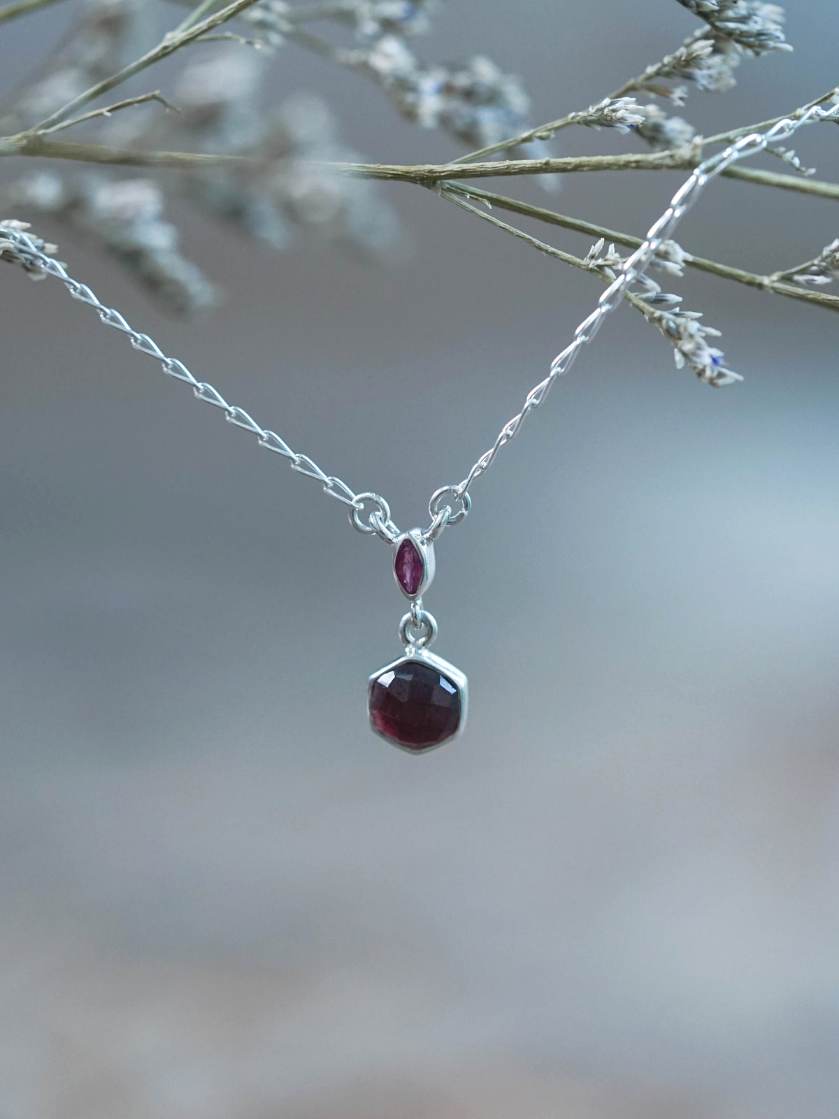 Hexagon Garnet and Ruby Necklace