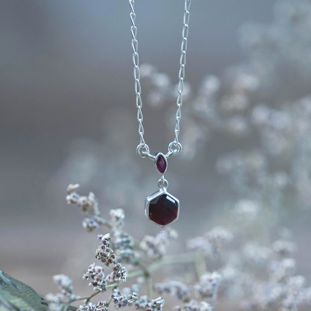 Hexagon Garnet and Ruby Necklace