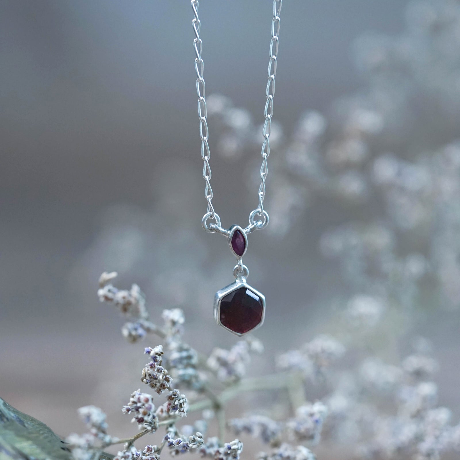Hexagon Garnet and Ruby Necklace