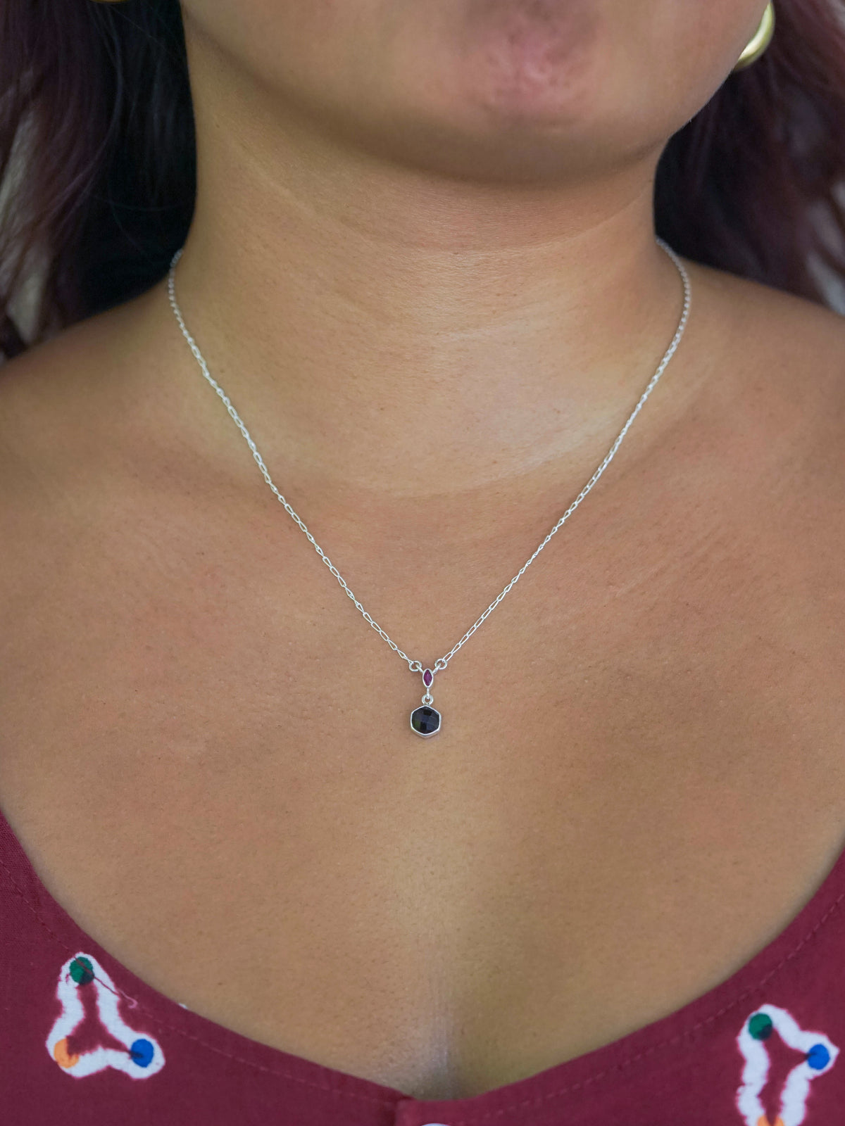 Hexagon Garnet and Ruby Necklace