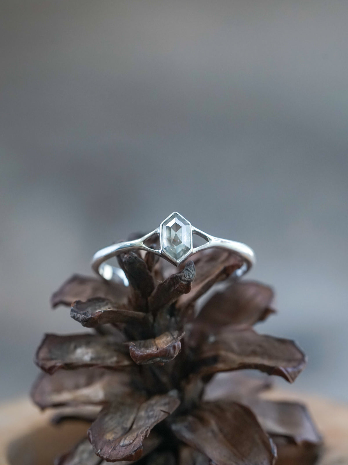 Hexagon Gray Diamond Ring in Silver - Gardens of the Sun | Ethical Jewelry