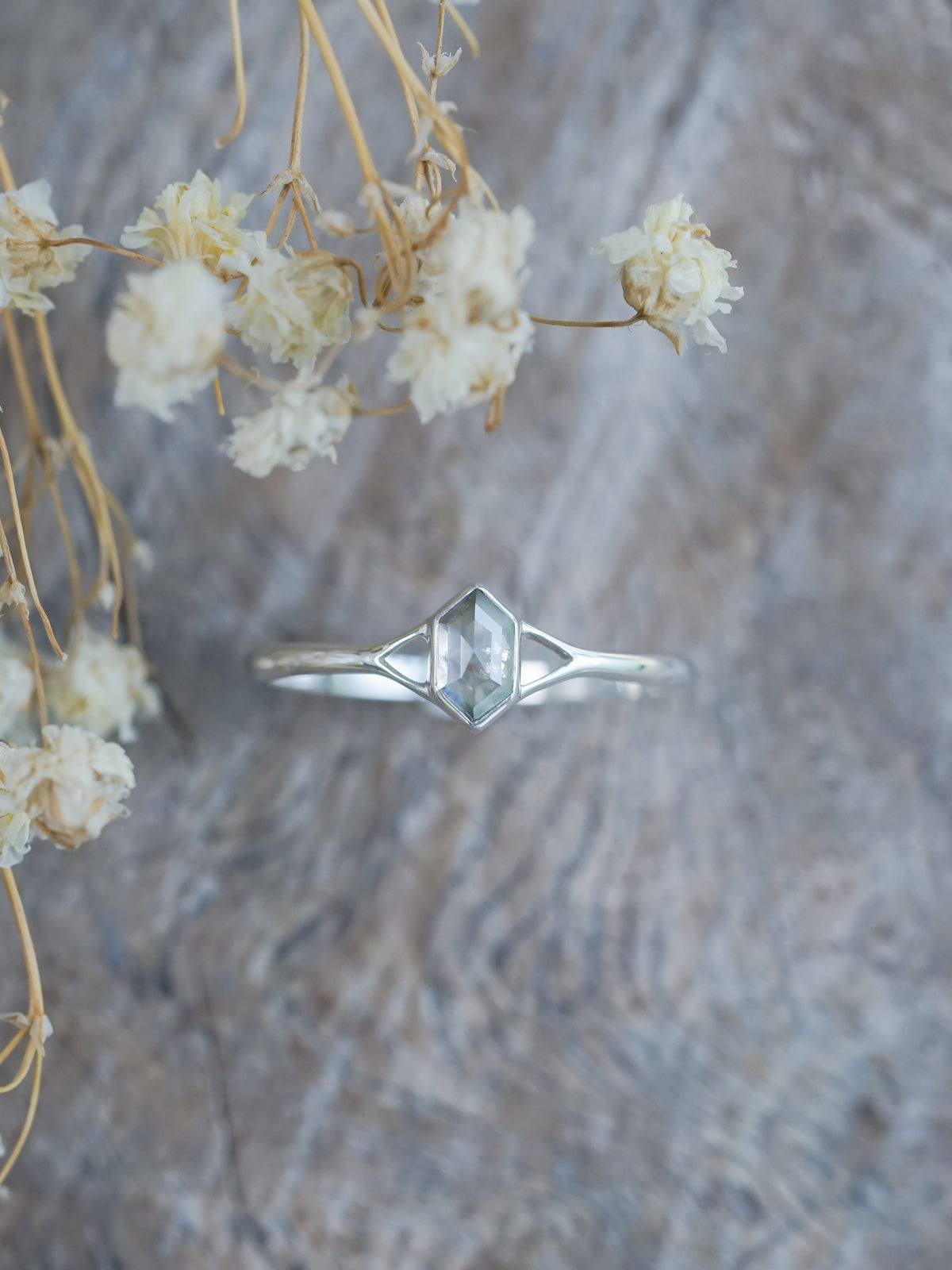Hexagon Gray Diamond Ring in Silver - Gardens of the Sun | Ethical Jewelry