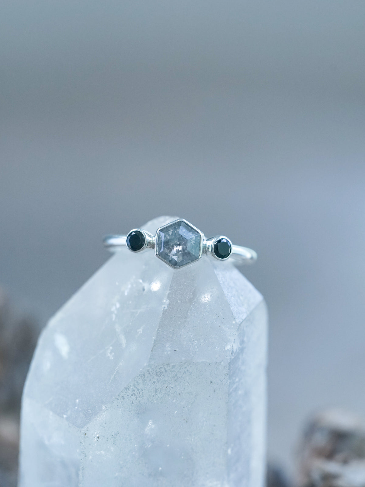 Hexagon Gray Diamond and Spinel Ring - Gardens of the Sun | Ethical Jewelry