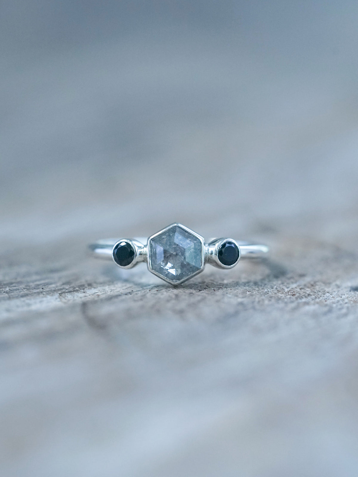 Hexagon Gray Diamond and Spinel Ring - Gardens of the Sun | Ethical Jewelry