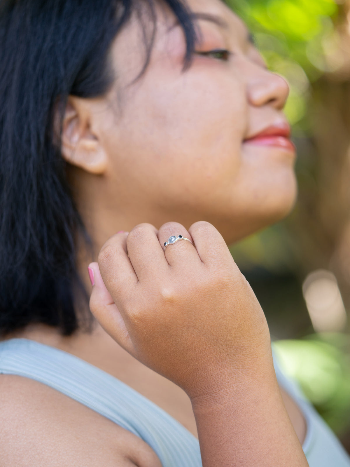 Hexagon Gray Diamond and Spinel Ring - Gardens of the Sun | Ethical Jewelry