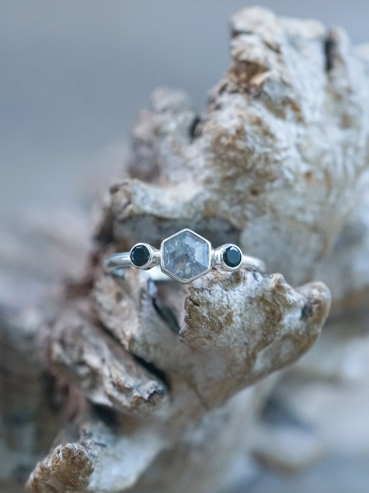 Hexagon Gray Diamond and Spinel Ring - Gardens of the Sun | Ethical Jewelry