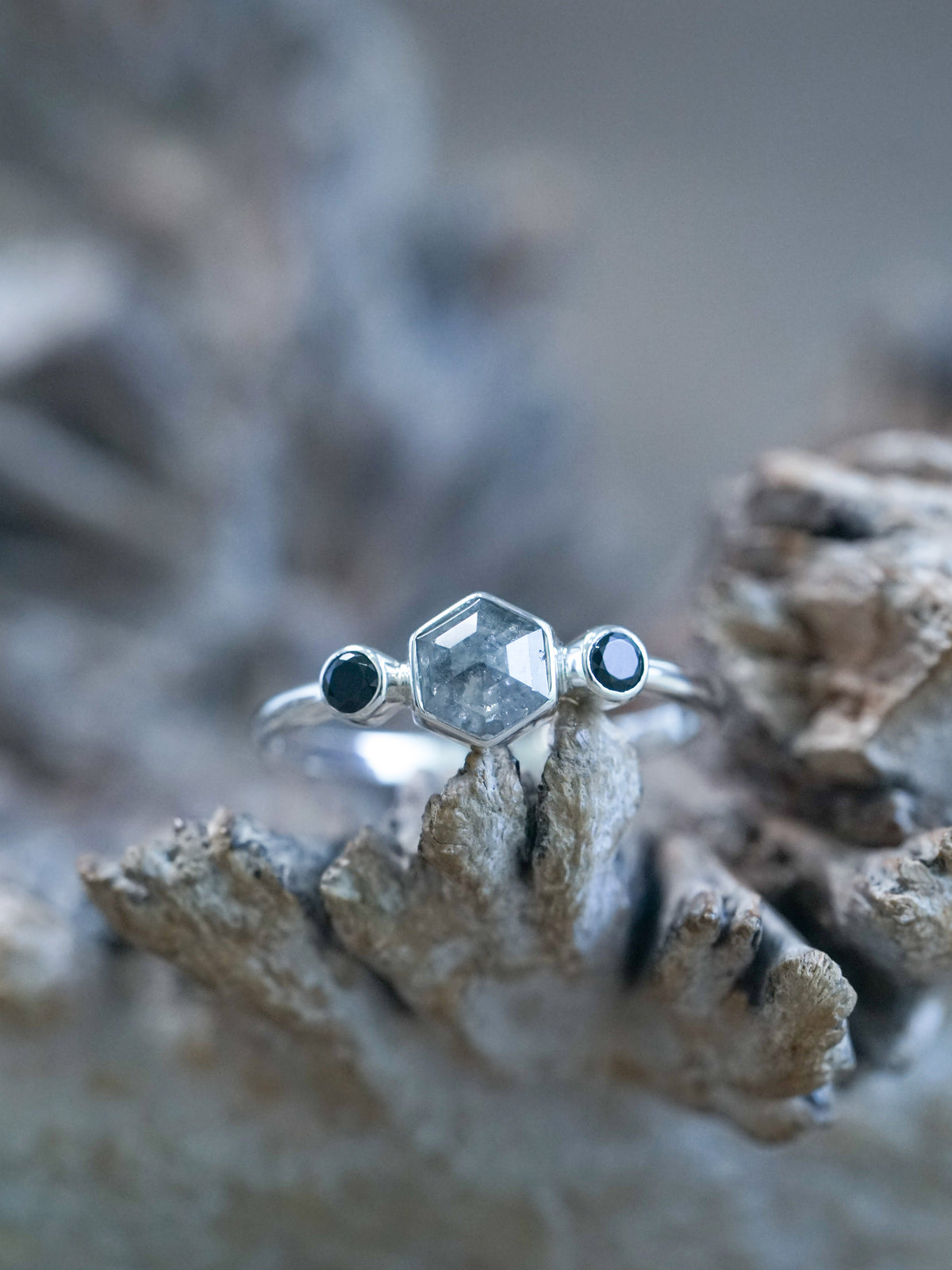 Hexagon Gray Diamond and Spinel Ring - Gardens of the Sun | Ethical Jewelry