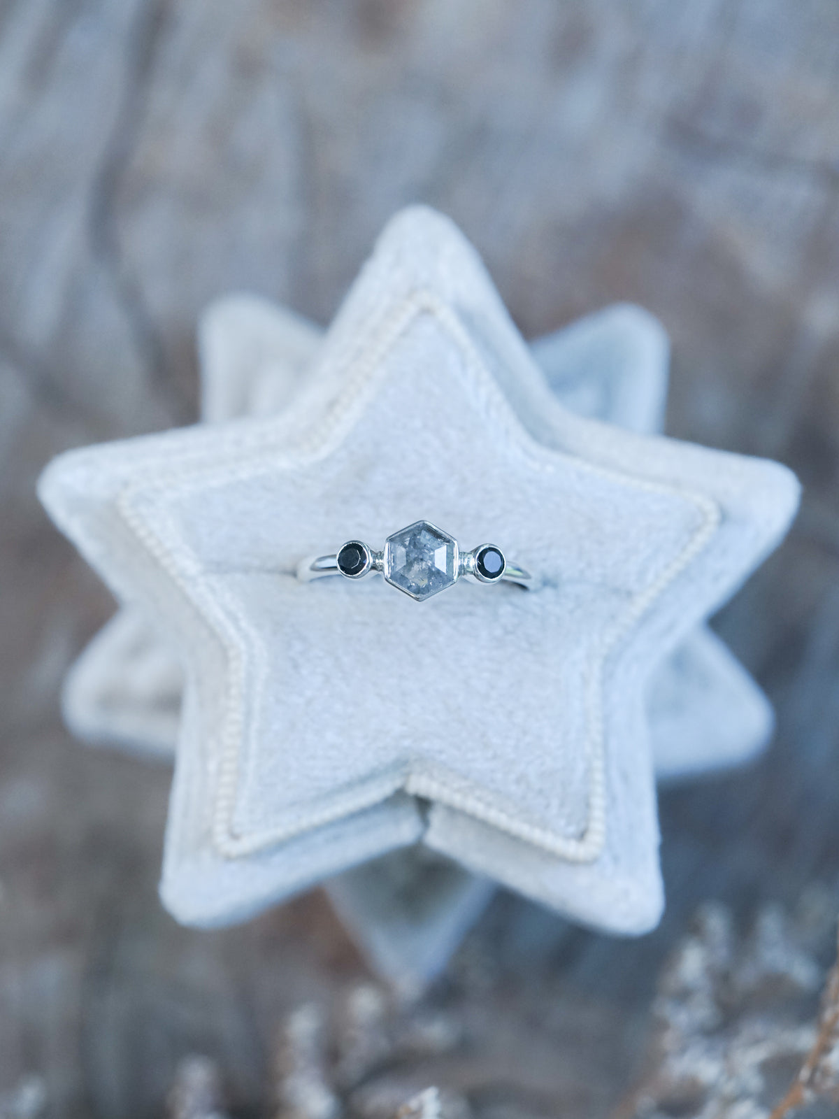Hexagon Gray Diamond and Spinel Ring - Gardens of the Sun | Ethical Jewelry