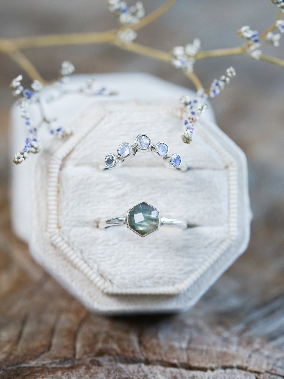 Hexagon Labradorite and Moonstone Ring Set