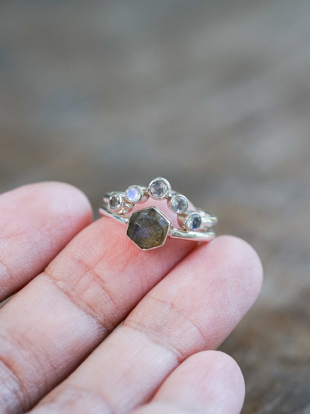 Hexagon Labradorite and Moonstone Ring Set