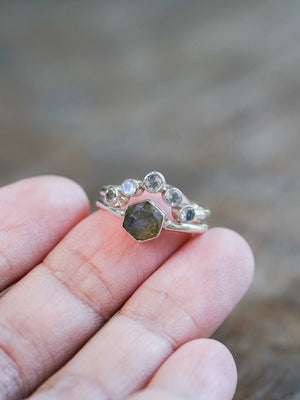 Hexagon Labradorite and Moonstone Ring Set