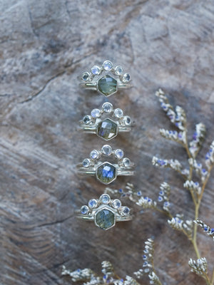 Hexagon Labradorite and Moonstone Ring Set