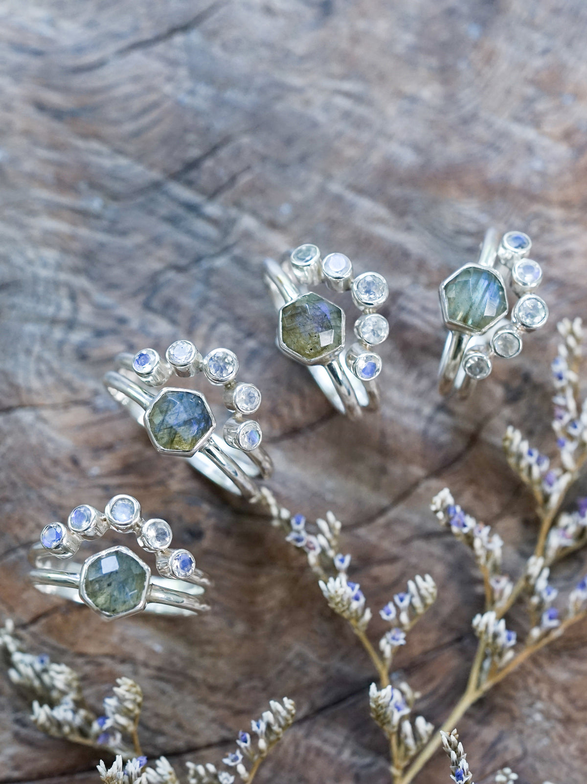 Hexagon Labradorite and Moonstone Ring Set
