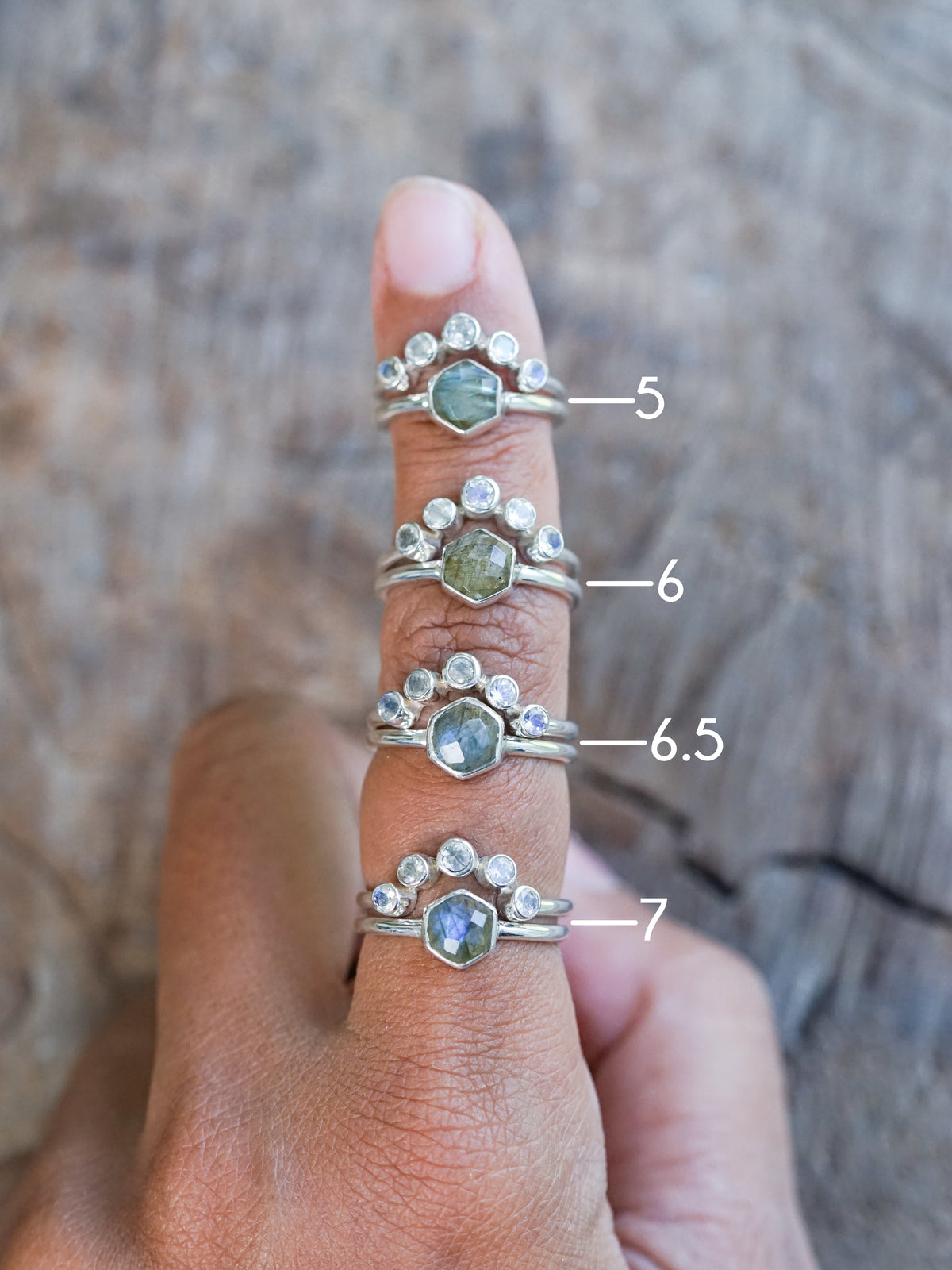 Hexagon Labradorite and Moonstone Ring Set