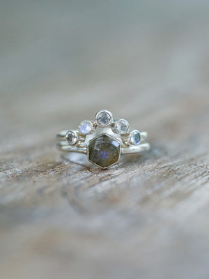 Hexagon Labradorite and Moonstone Ring Set