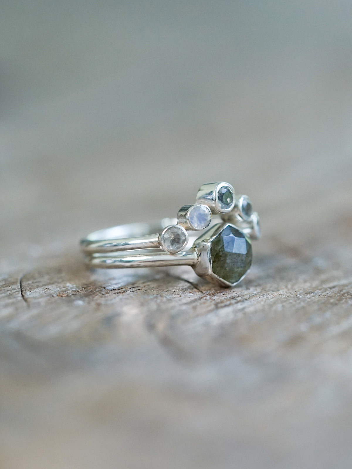 Hexagon Labradorite and Moonstone Ring Set
