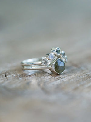 Hexagon Labradorite and Moonstone Ring Set