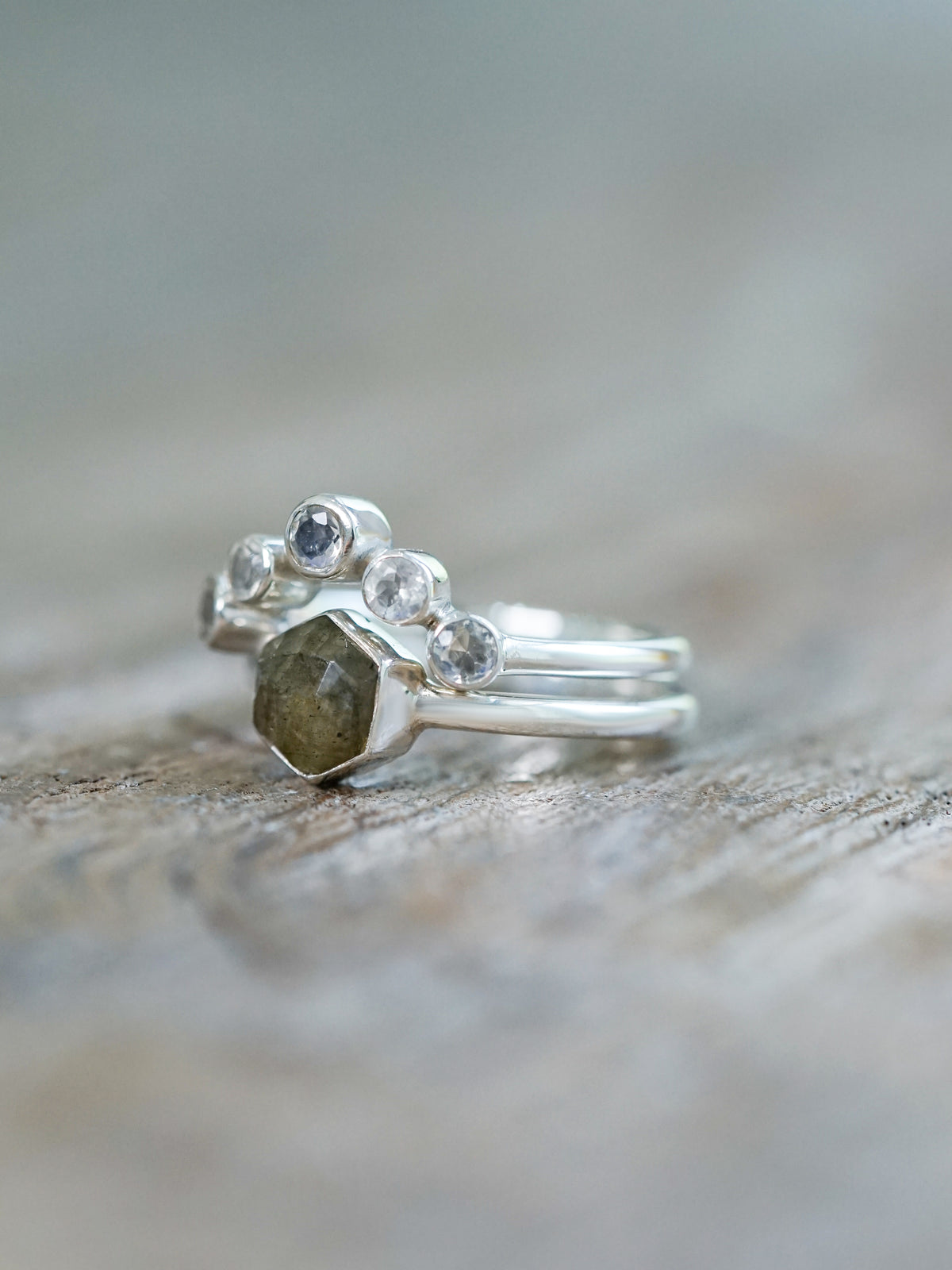 Hexagon Labradorite and Moonstone Ring Set