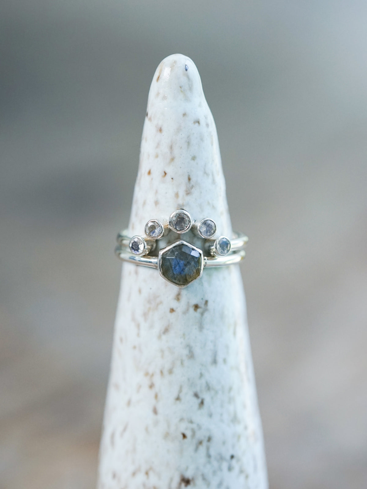 Hexagon Labradorite and Moonstone Ring Set