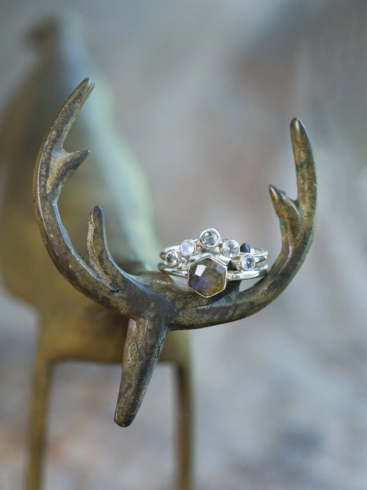 Hexagon Labradorite and Moonstone Ring Set