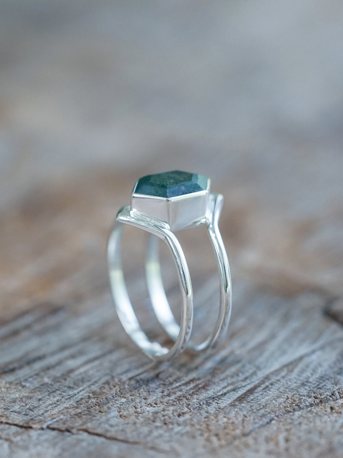 Hexagon Moss Agate Ring