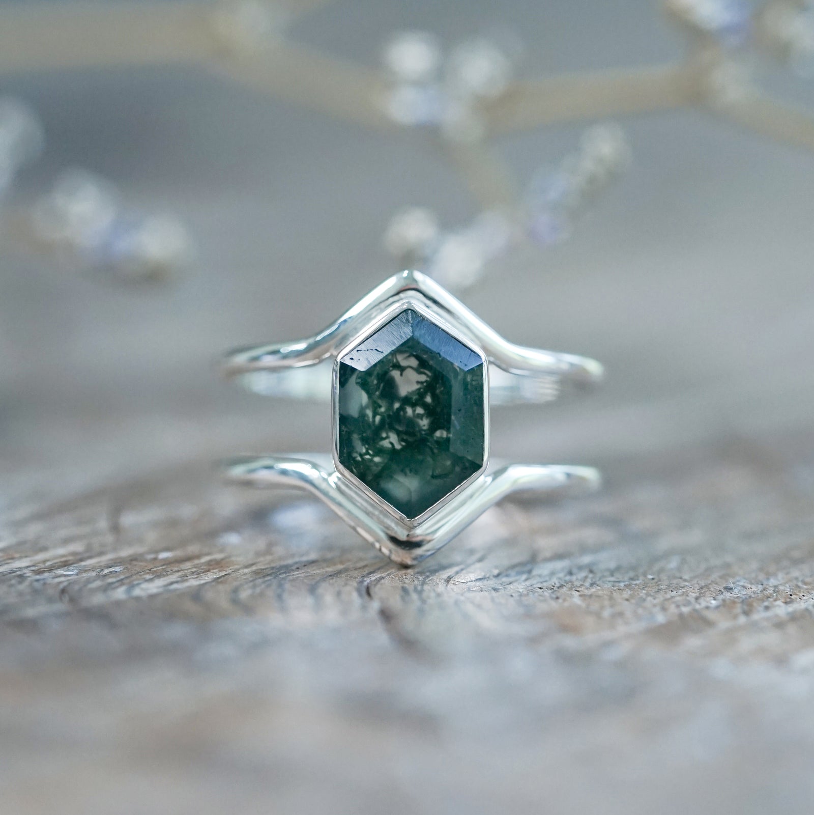 Hexagon Moss Agate Ring